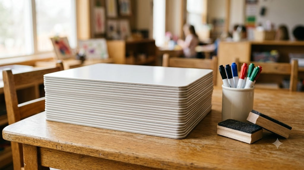 A stack of student dry erase boards, markers and erasers on a desk in a warm, sunlit classroom