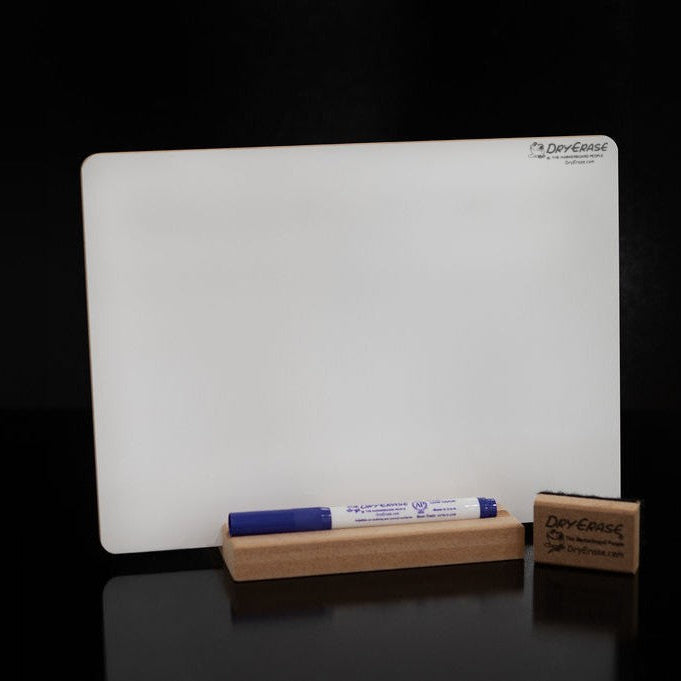 DryErase.com double-sided blank student dry erase board on a wooden stand with a marker and eraser