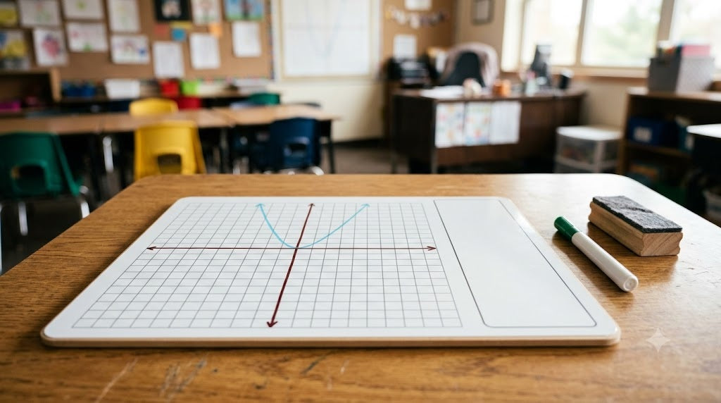 A thin frameless student graphing whiteboard on a classroom desk with a parabola plotted on the coordinate grid, a dry erase marker and a felt eraser alongside