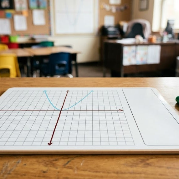 A thin frameless student graphing whiteboard on a classroom desk with a parabola plotted on the coordinate grid, a dry erase marker and a felt eraser alongside