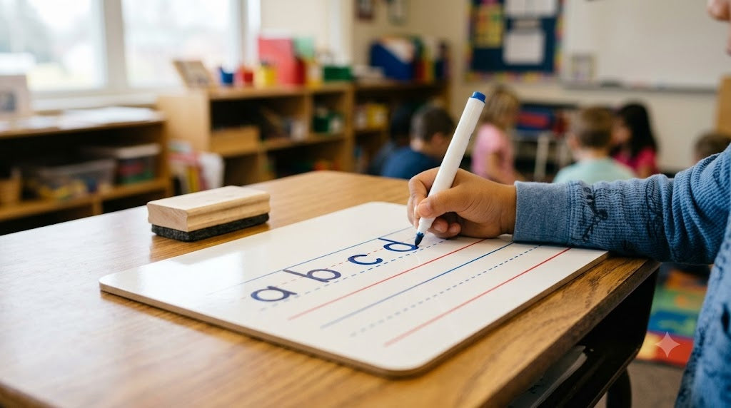 A young student writing lowercase letters in dry erase marker on a primary-ruled handwriting whiteboard at a classroom desk