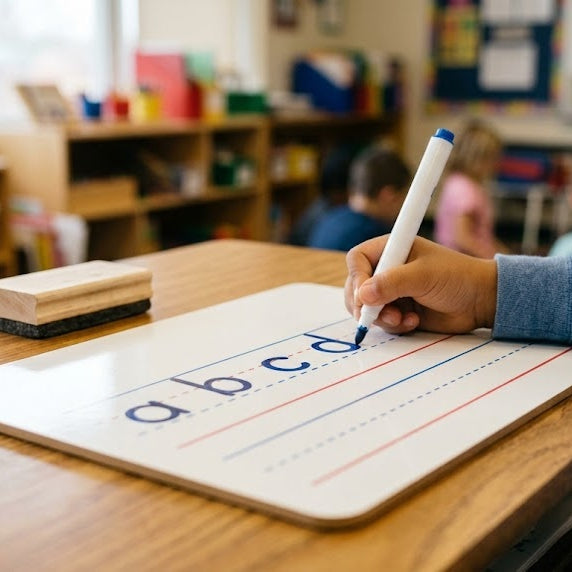 A young student writing lowercase letters in dry erase marker on a primary-ruled handwriting whiteboard at a classroom desk